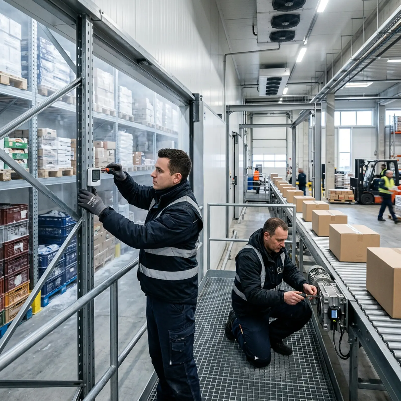 Techniker installiert Temperatur-/Feuchtigkeitssensor im Kühlregal; Vibrationssensor am Förderband.