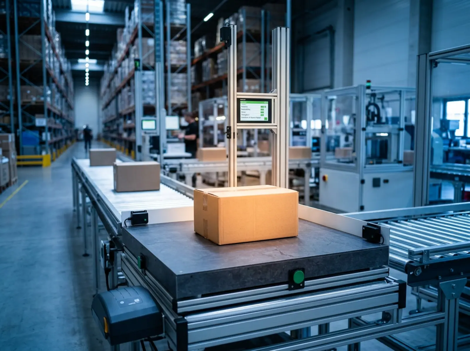 A packaging box on a conveyor belt is measured by a compact inspection system; the display shows five criteria.