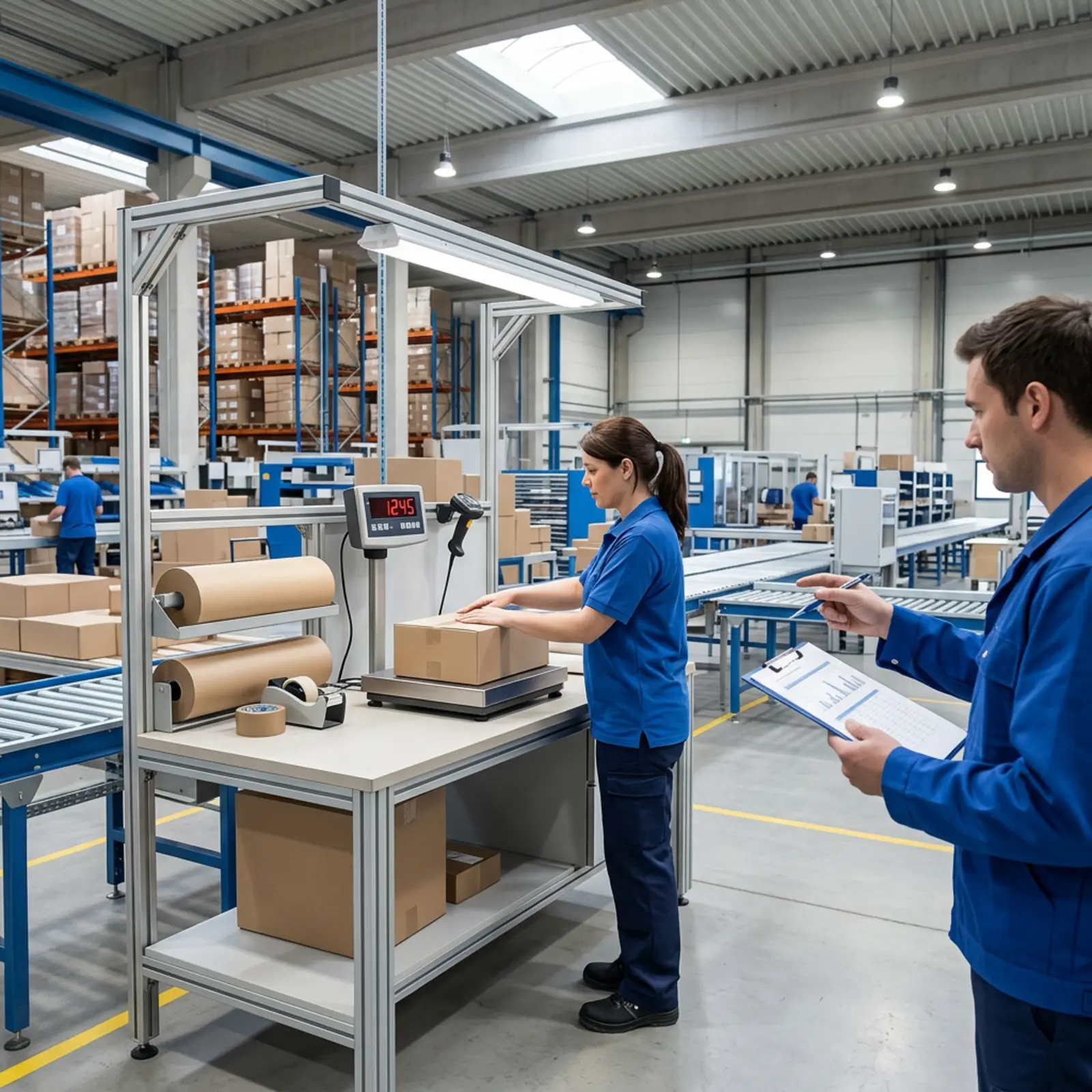 Deux employés à un point de retrait, devant une balance à colis et un dispositif de contrôle, dans un centre logistique moderne.