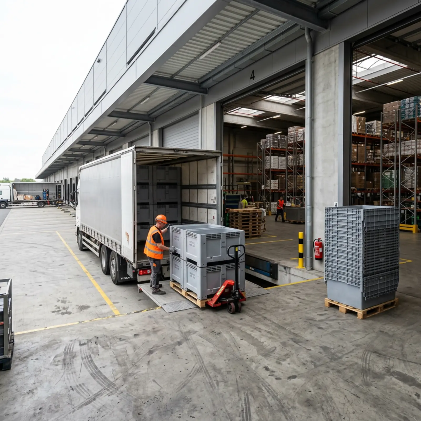 Laderampe im modernen Lager: Transportcontainer werden per Hubwagen vom Lkw entladen