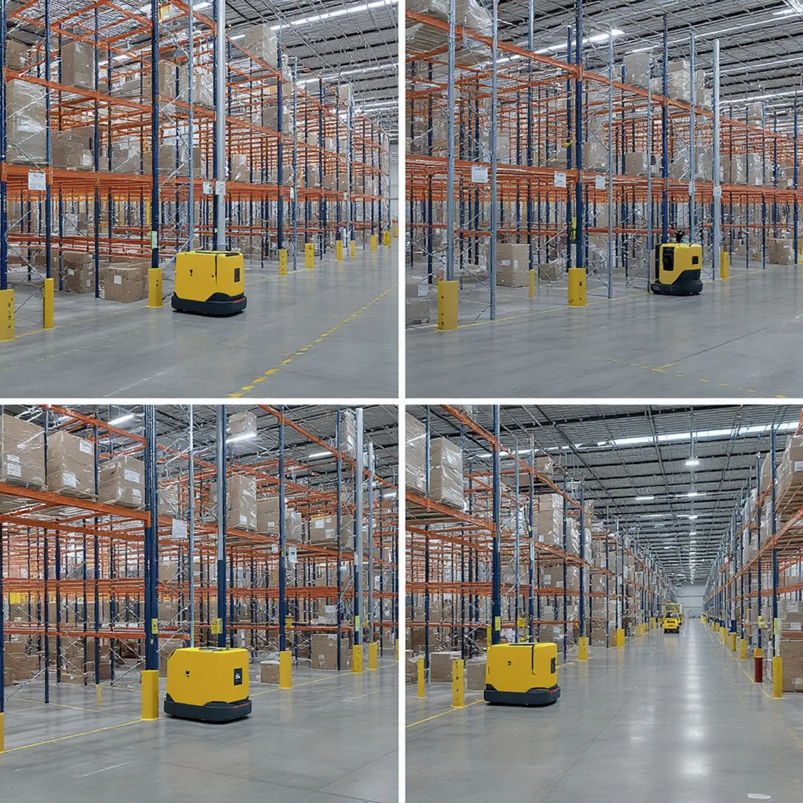 Vue intérieure carrée d'un entrepôt automatisé à rayonnages en hauteur équipé de véhicules à guidage automatique (AGV), d'un système de convoyage et d'un tableau de bord