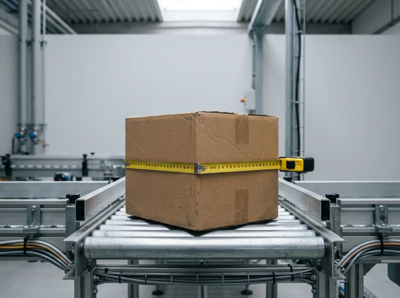Caja de cartón sobre una cinta transportadora, cinta métrica alrededor del perímetro, imagen técnica iluminada, fondo neutro