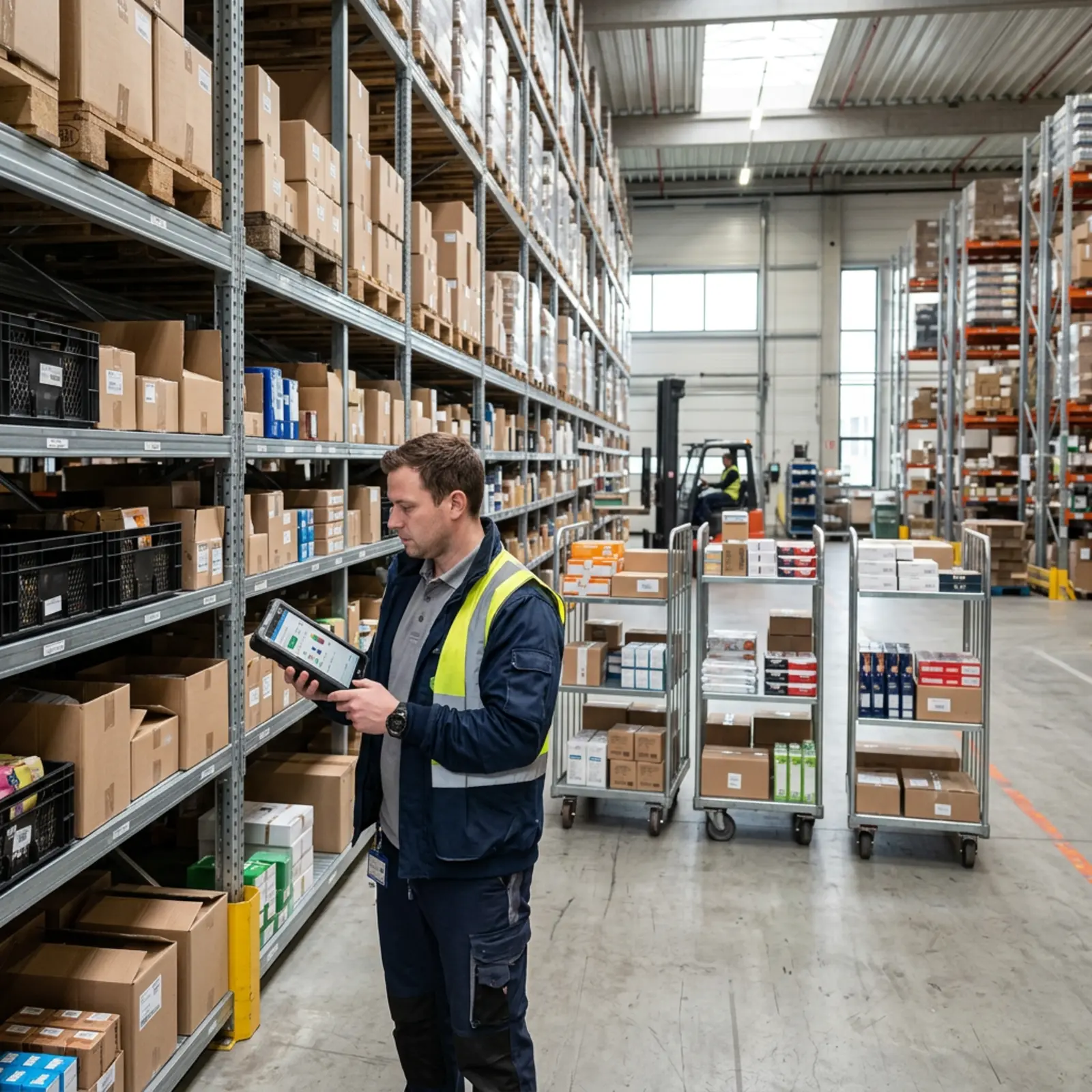 Rayonnages de stockage contenant des articles à rotation rapide et lente ; contrôle des stocks, attente des chariots de réapprovisionnement.