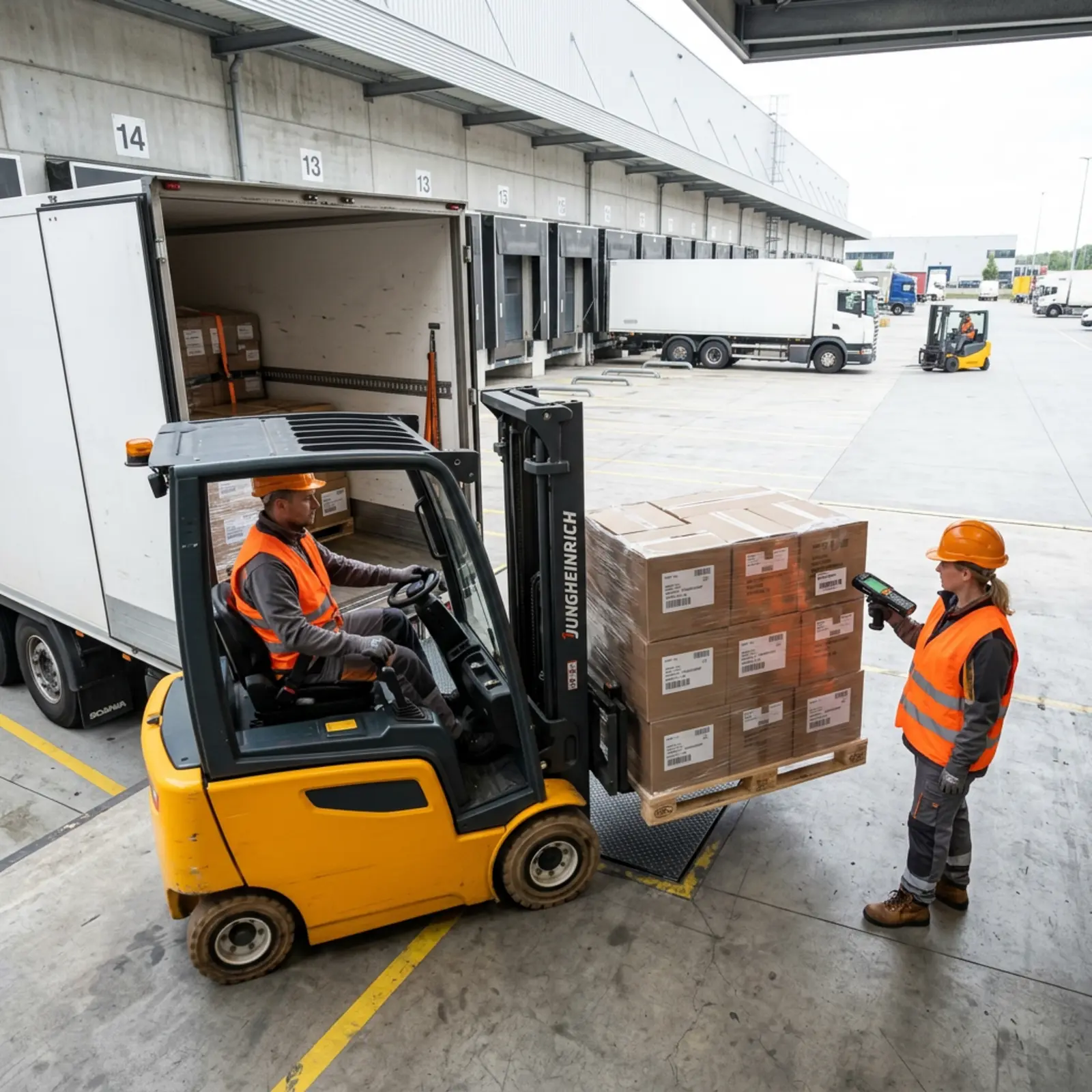 Gabelstapler lädt beschriftete Paletten am Ladedock eines modernen Logistikzentrums in einen Lkw
