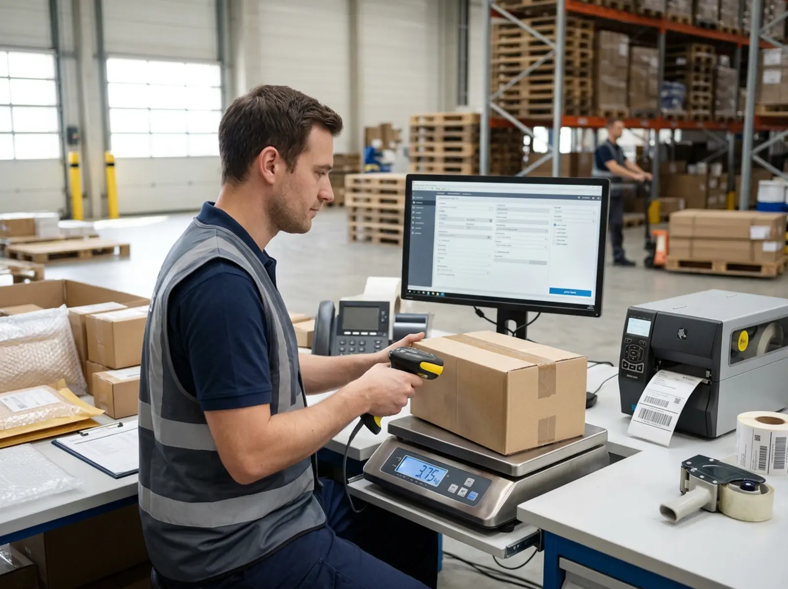 Logistikmitarbeiter nutzt Versandsoftware am Computer, Scanner und Pakete im modernen Lager