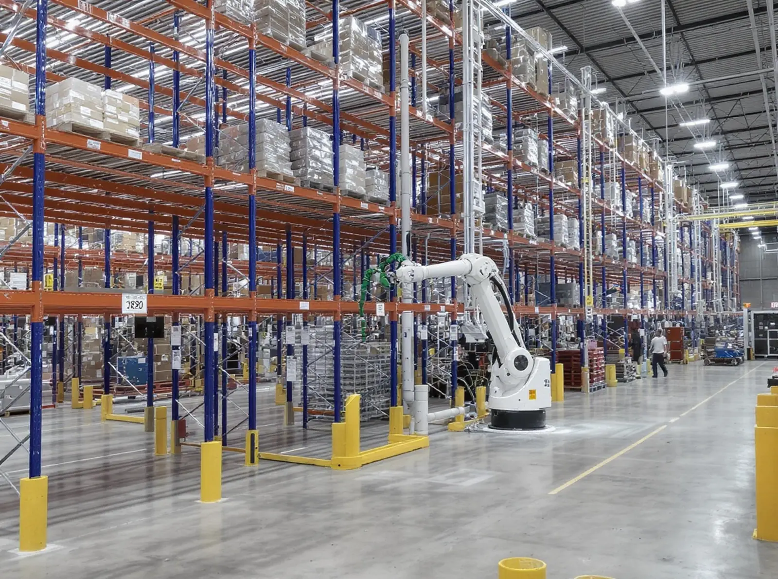 Vue d'un entrepôt moderne à rayonnages en hauteur automatisé, équipé d'un système AS/RS, d'un système robotisé de manutention des palettes et d'un système de convoyage.