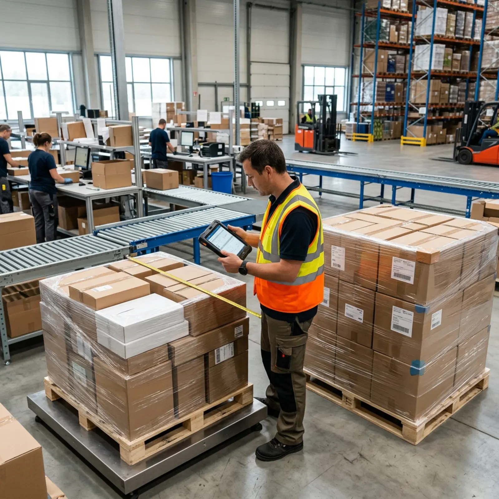 Vorgesetzter vergleicht Versandeinheit mit Paletteninhalt im Logistiklager, Prozessdaten sichtbar.