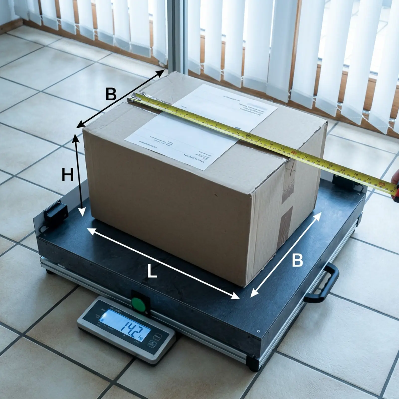 Caja de cartón sobre una báscula digital; una cinta métrica indica L × B × H; infografía neutra.