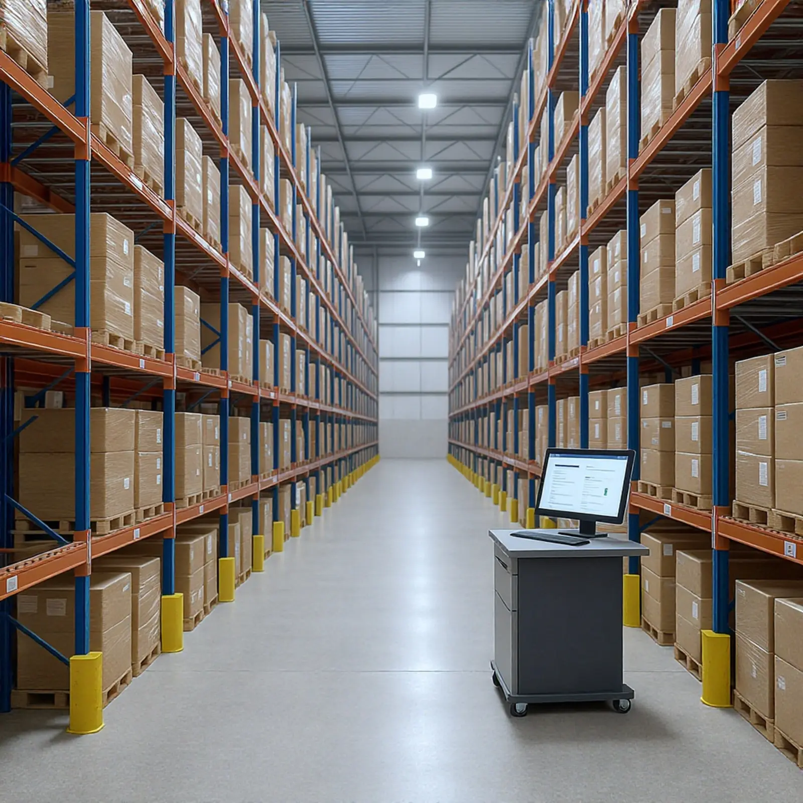 Entrepôt à rayonnages en hauteur photoréaliste avec AS/RS et WMS ; forte densité de stockage pour les secteurs pharmaceutique, du commerce électronique et de l'agroalimentaire.