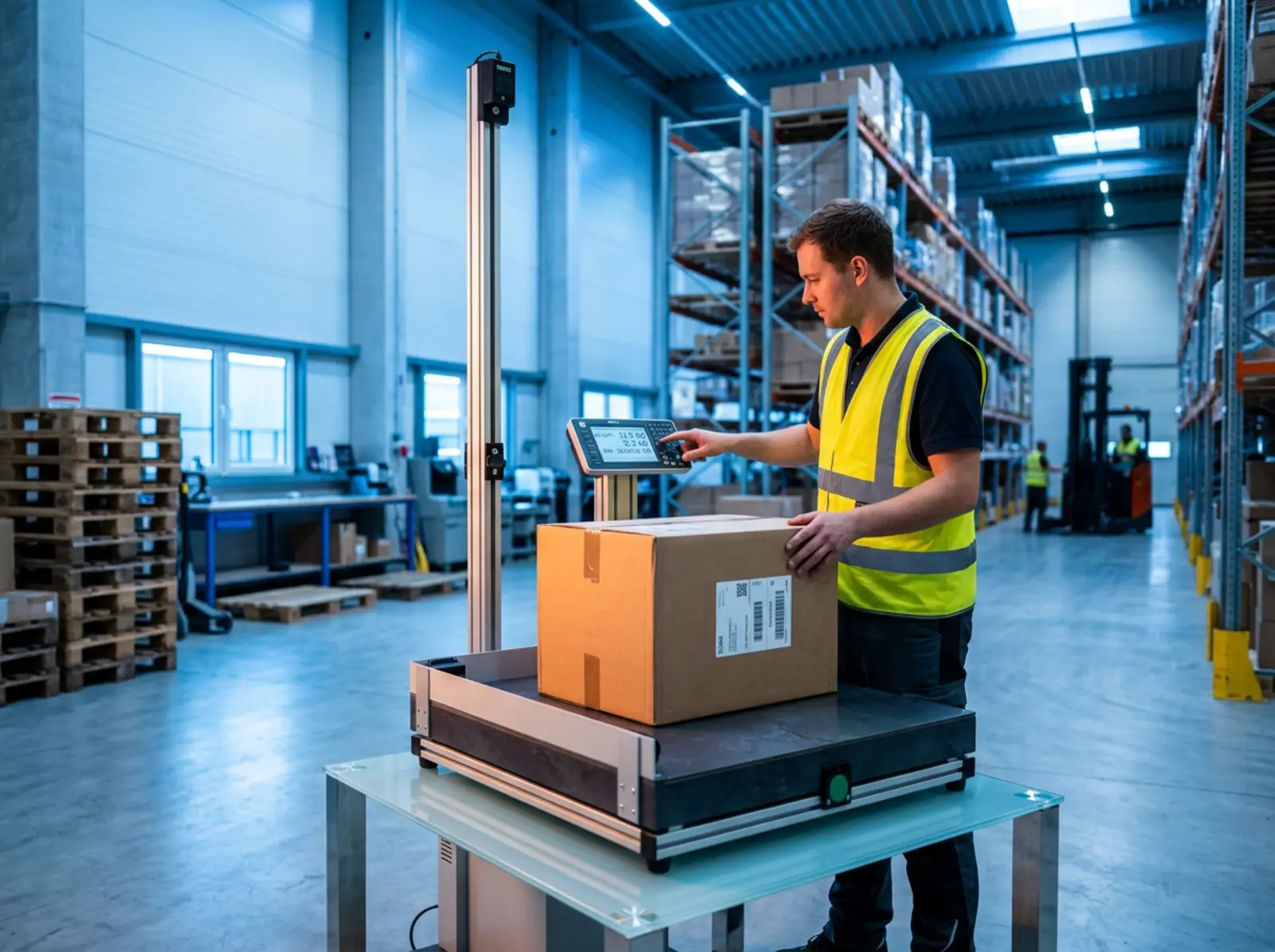 An employee at the logistics center weighs and measures a cardboard package on a scale; the labels are visible.