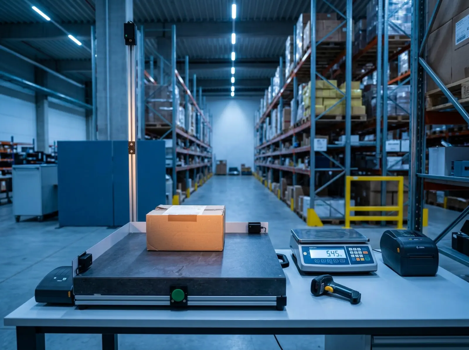 A measuring station with cardboard boxes on a digital scale in the logistics center; technical precision.