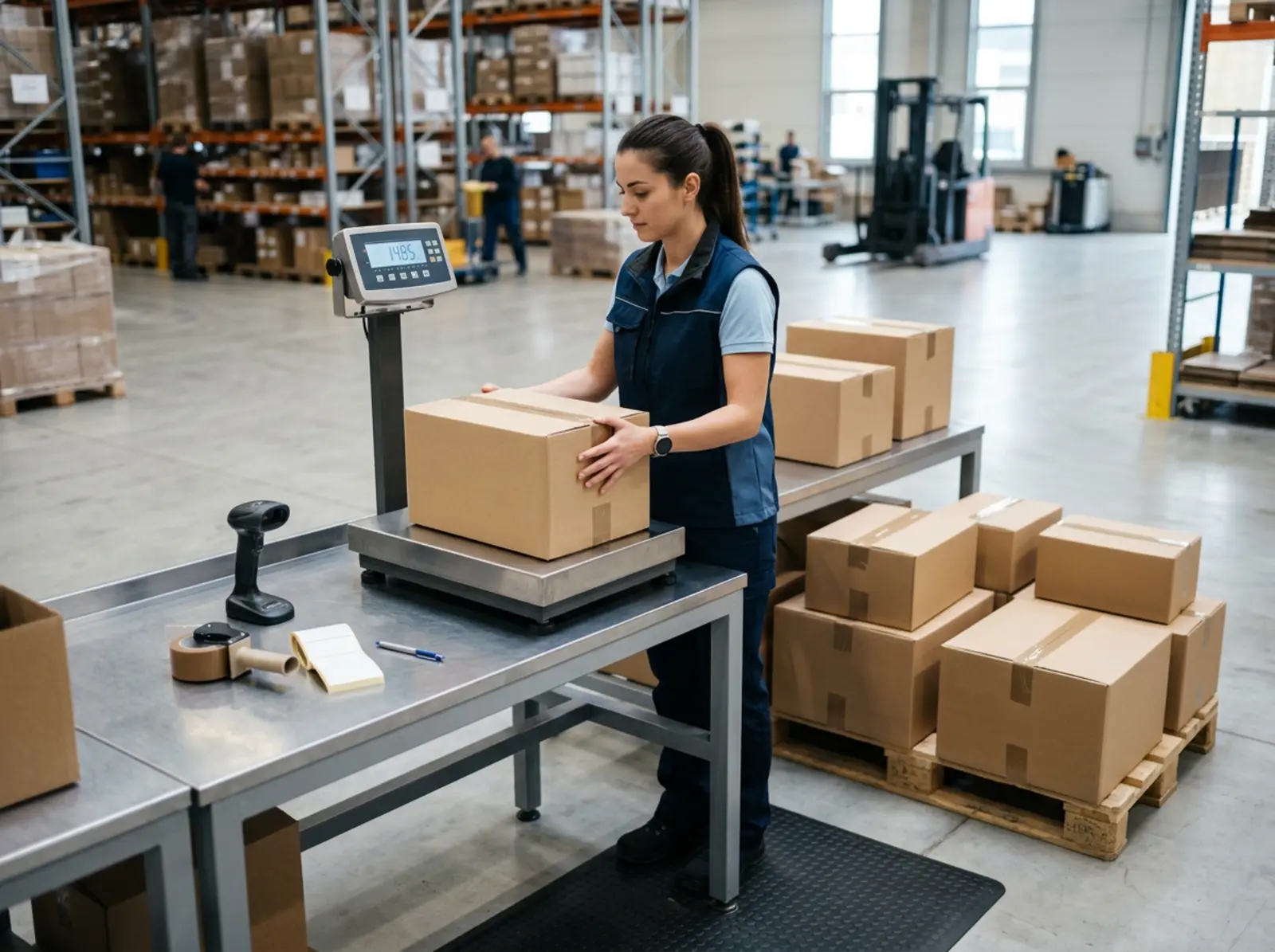 Poste de travail dédié à l'expédition équipé d'une balance à colis, avec plusieurs cartons à côté, dans un environnement logistique calme.