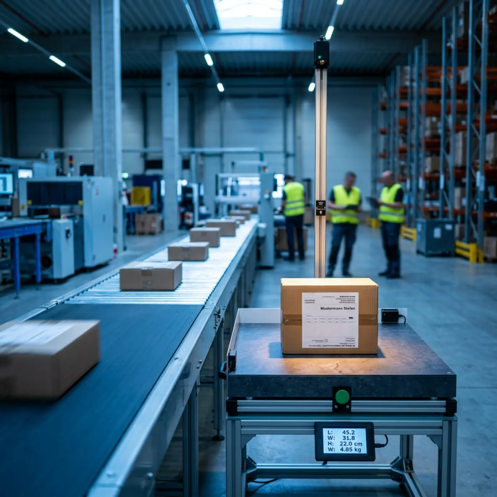 A package on a conveyor belt in the logistics center, with a measuring station next to it.