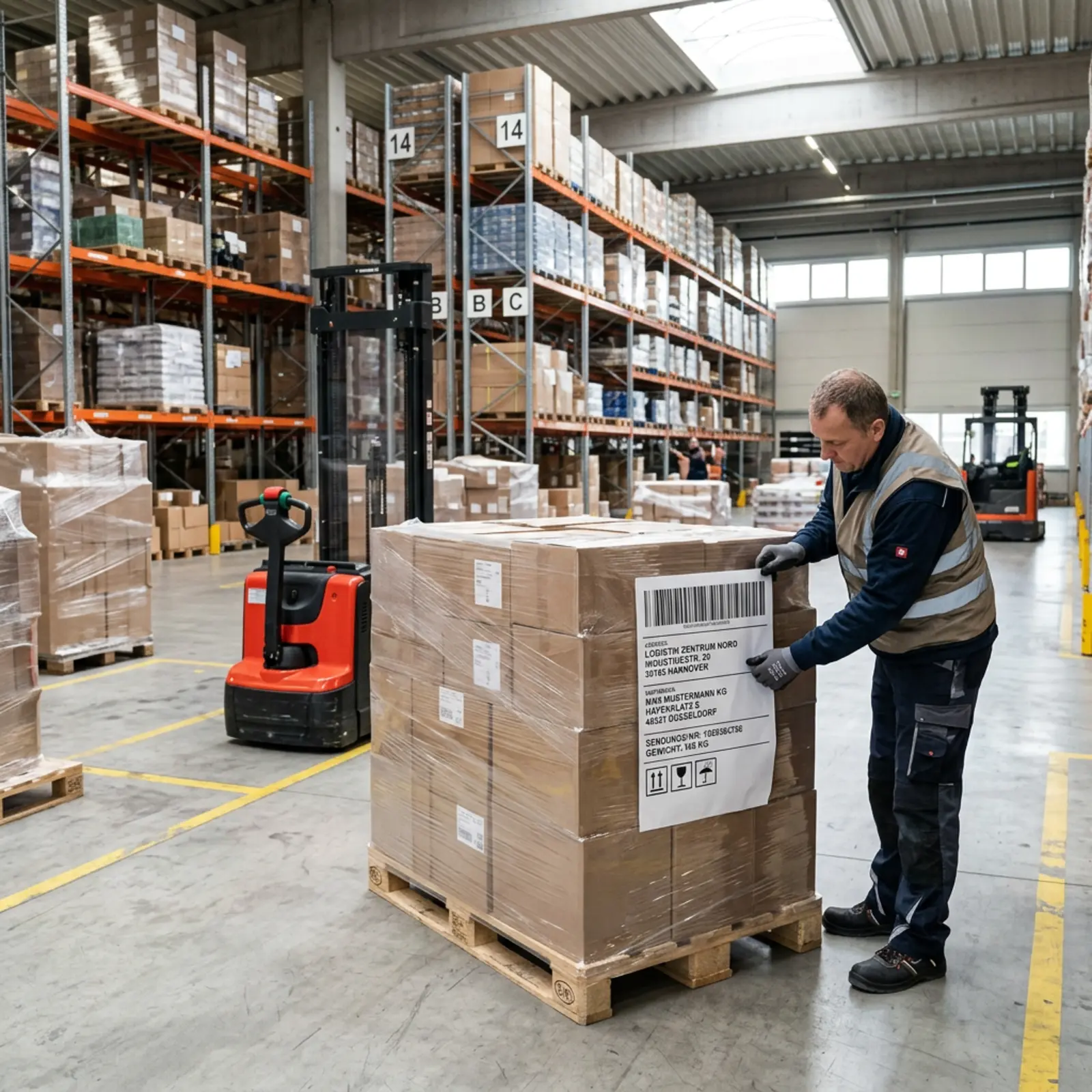 Lagerarbeiter bringt Transportschein am Stretchfolie-Palettenträger an, Barcode deutlich sichtbar