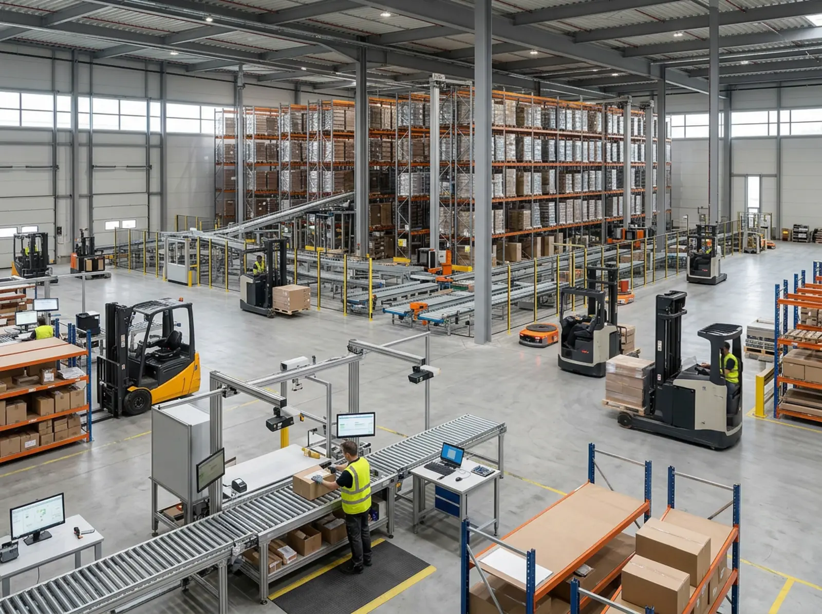 Moderne Logistik-Übersicht mit Sensoren, gekennzeichneten Ladeeinheiten, Packstation, Tracking.