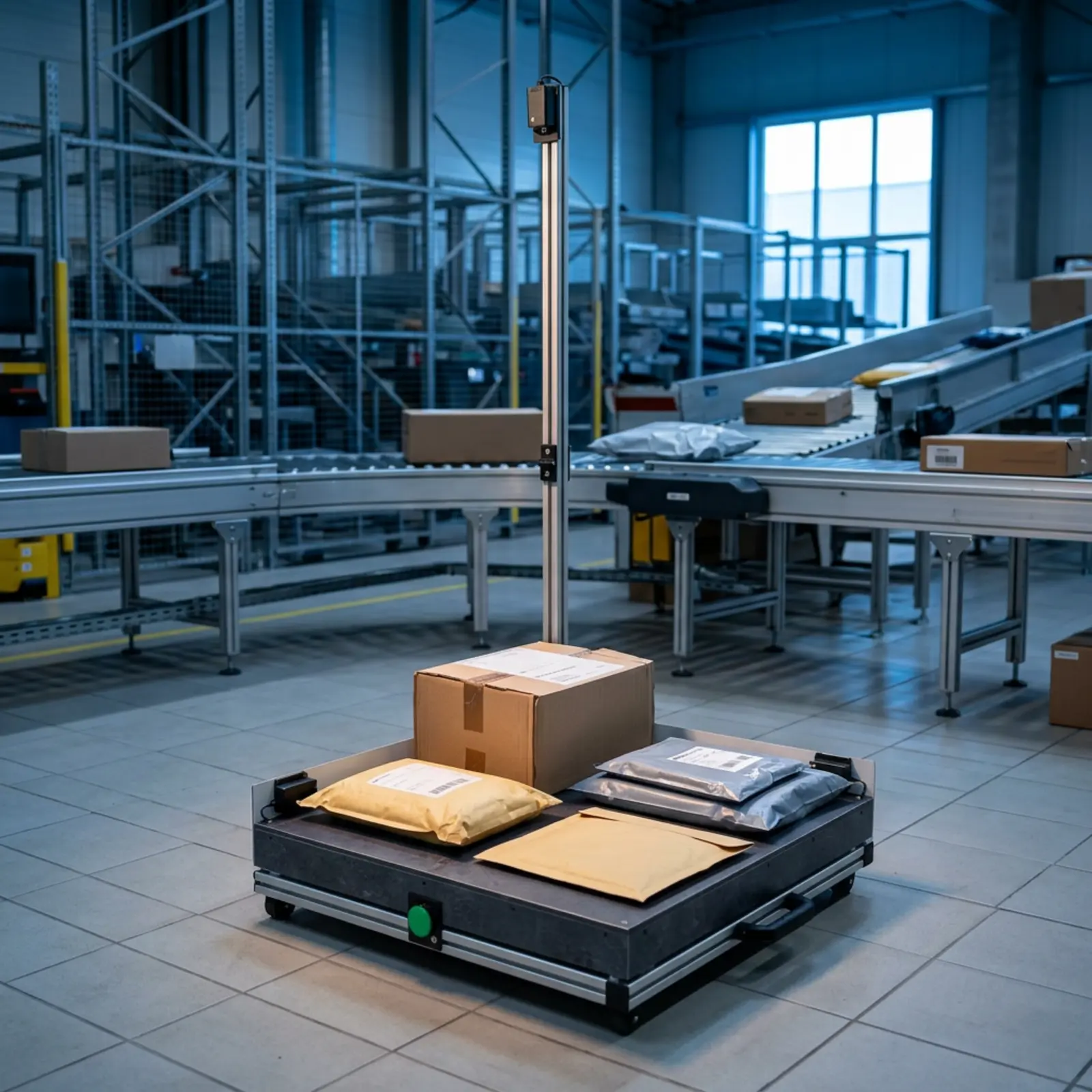 Industrial product photography at the logistics center: a focused camera, packages, cool blue.