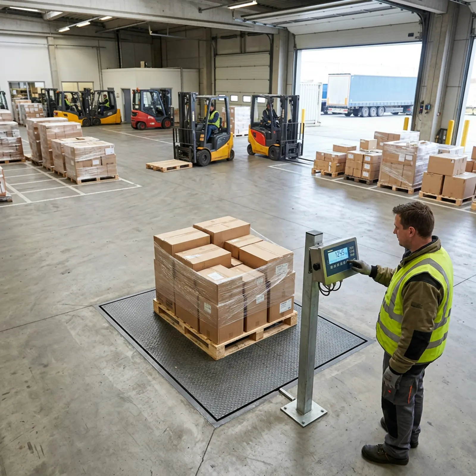 Un technicien vérifie une balance industrielle munie d'une vignette d'étalonnage et pèse une palette dans un terminal lumineux