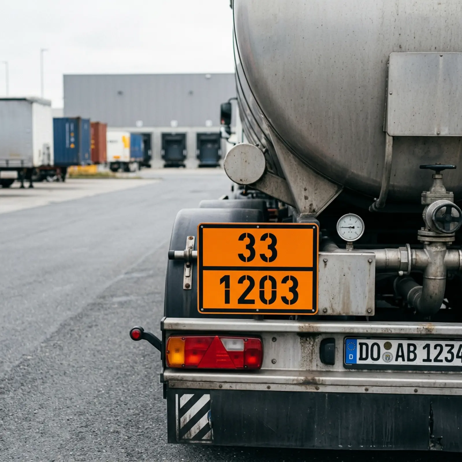 Nahaufnahme: orange Warnplatte hinten am Tanklaster mit Gefahr-/Stoffnummern an Plakette