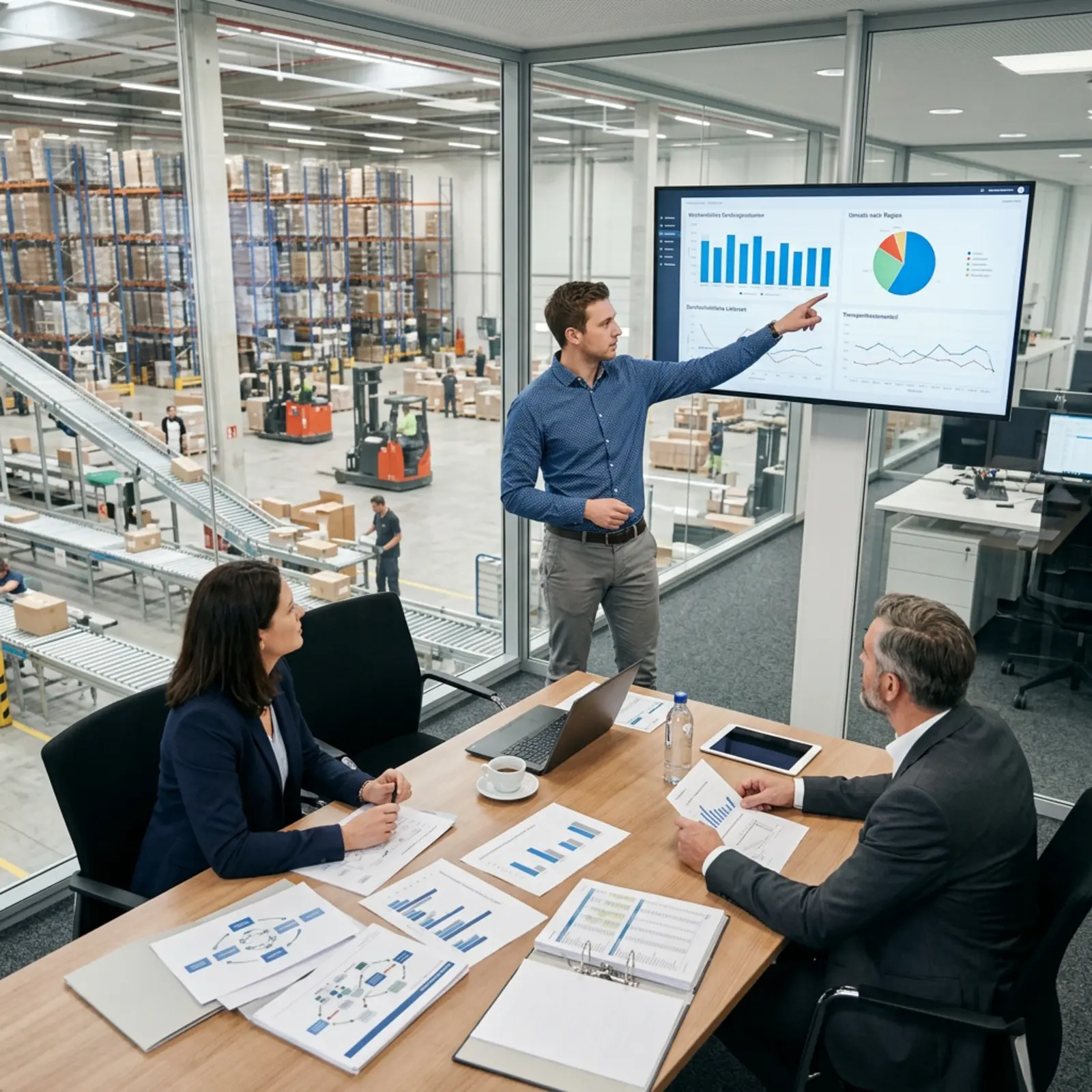 Un analyste logistique présente un tableau de bord à deux responsables ; rapports sur les volumes d'expédition et le chiffre d'affaires.