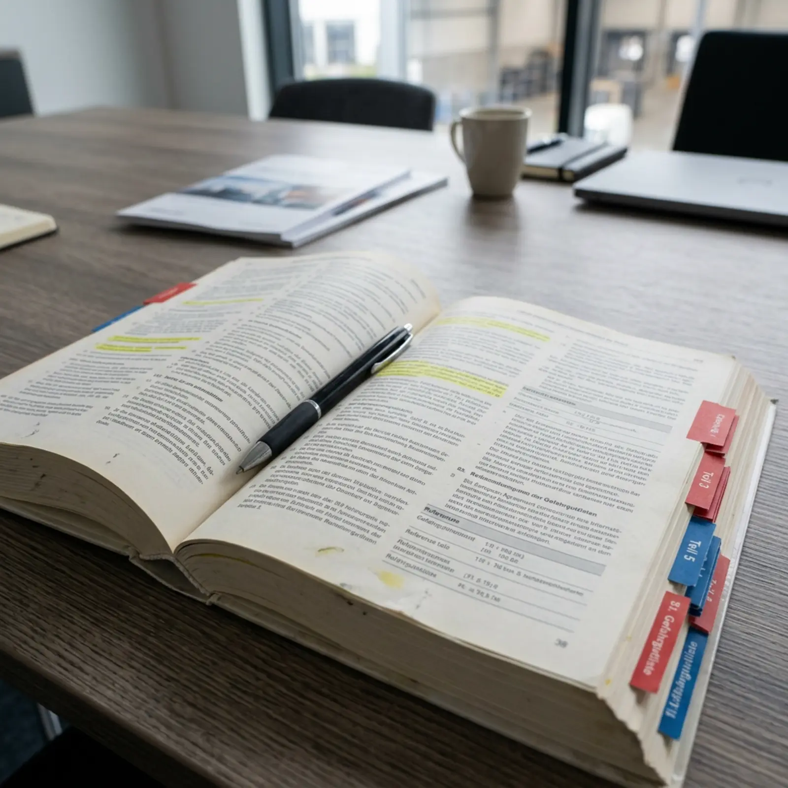 Offenes ADR-Handbuch auf Konferenztisch mit Stift, nummerierte Kapitel und Registertabs, Lagerlogistik-Foto