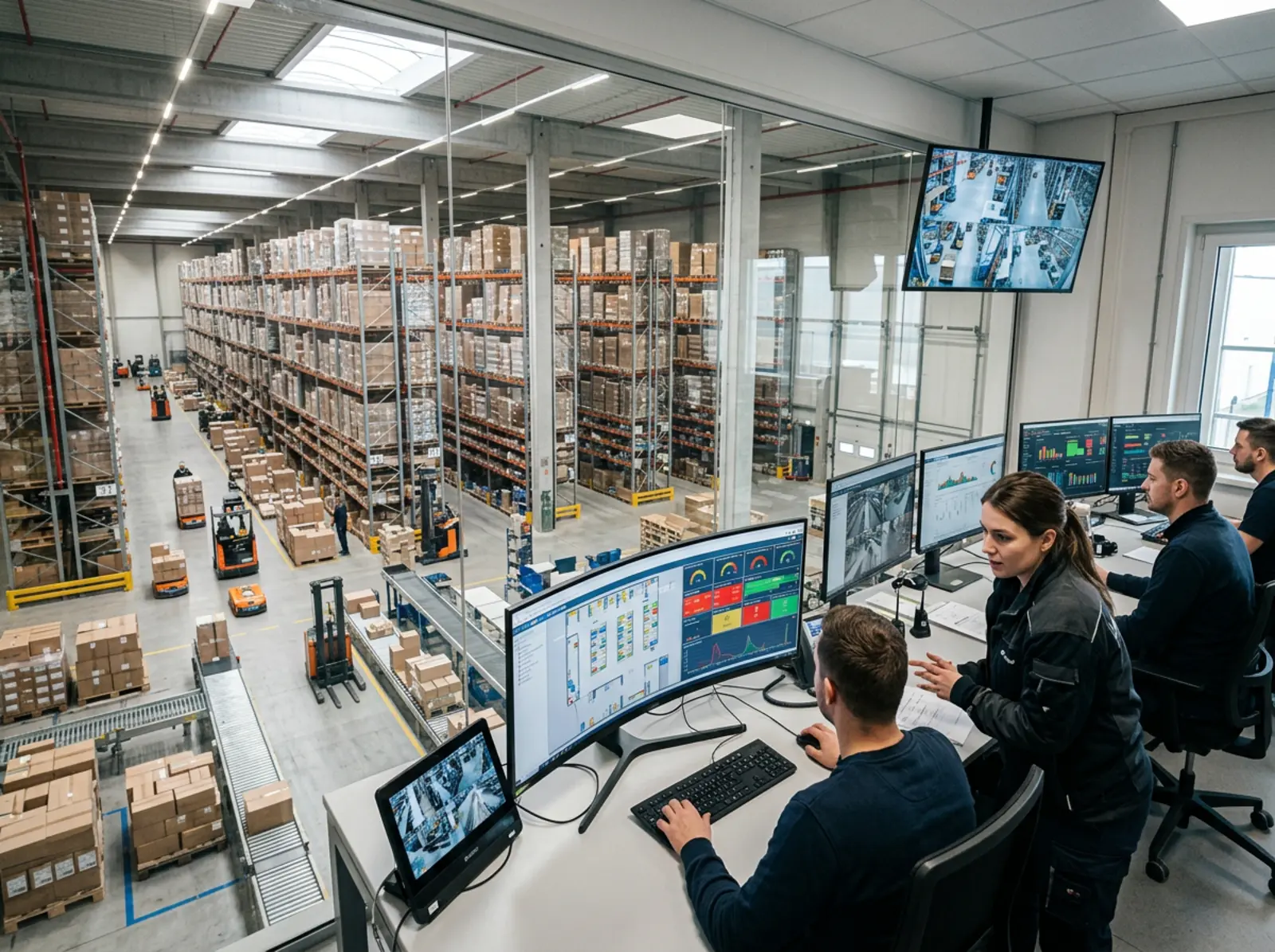 Lagerleitstand: Operatoren prüfen Live-Logistikdaten, neutrale Beleuchtung.