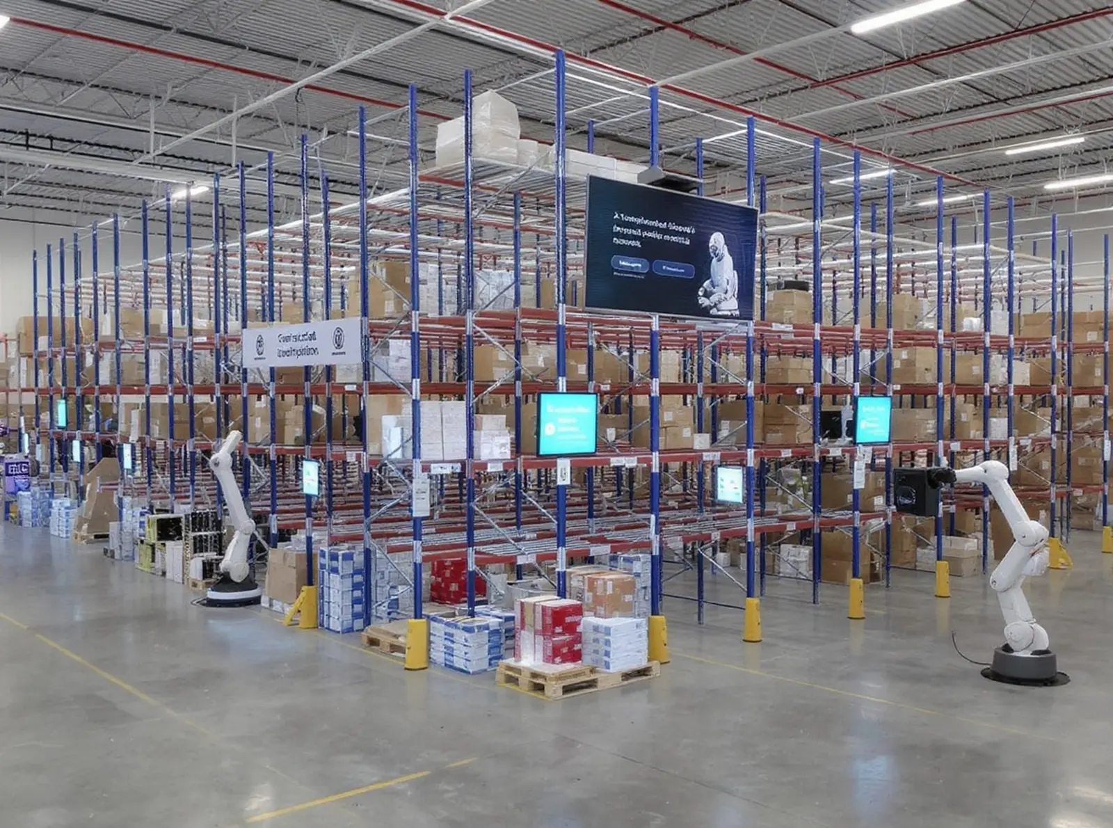 Entrepôt moderne à rayonnages en hauteur automatisé, équipé de robots autonomes, de palettes et d'écrans.
