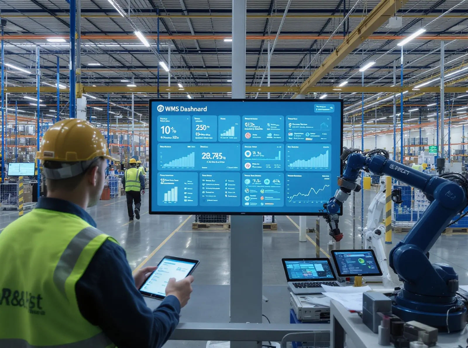 Photo réaliste d'un entrepôt moderne avec un tableau de bord WMS, des tablettes, des robots et des employés.