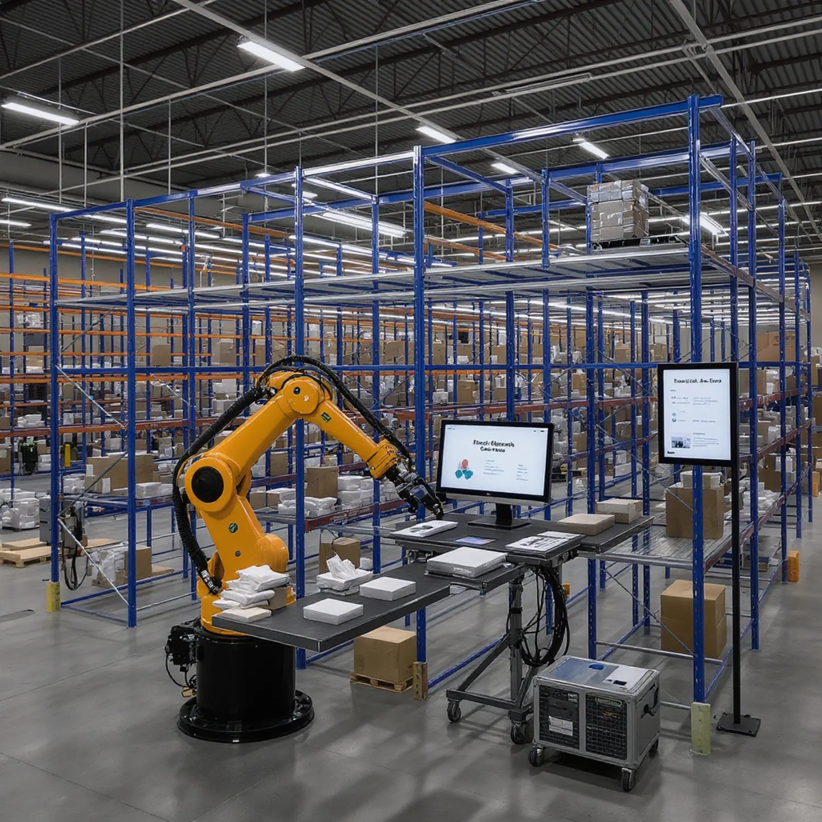 Modernes automatisiertes Hochregallager mit Robotern, Fördertechnik und Displays.