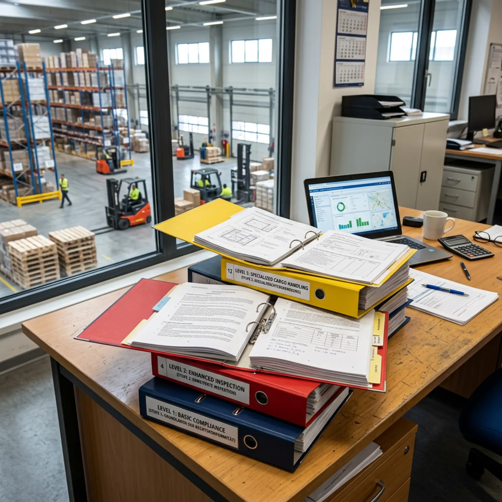 Drei übereinander gestapelte Dokumentenordner mit unterschiedlichen Regulierungsstufen auf einem Schreibtisch