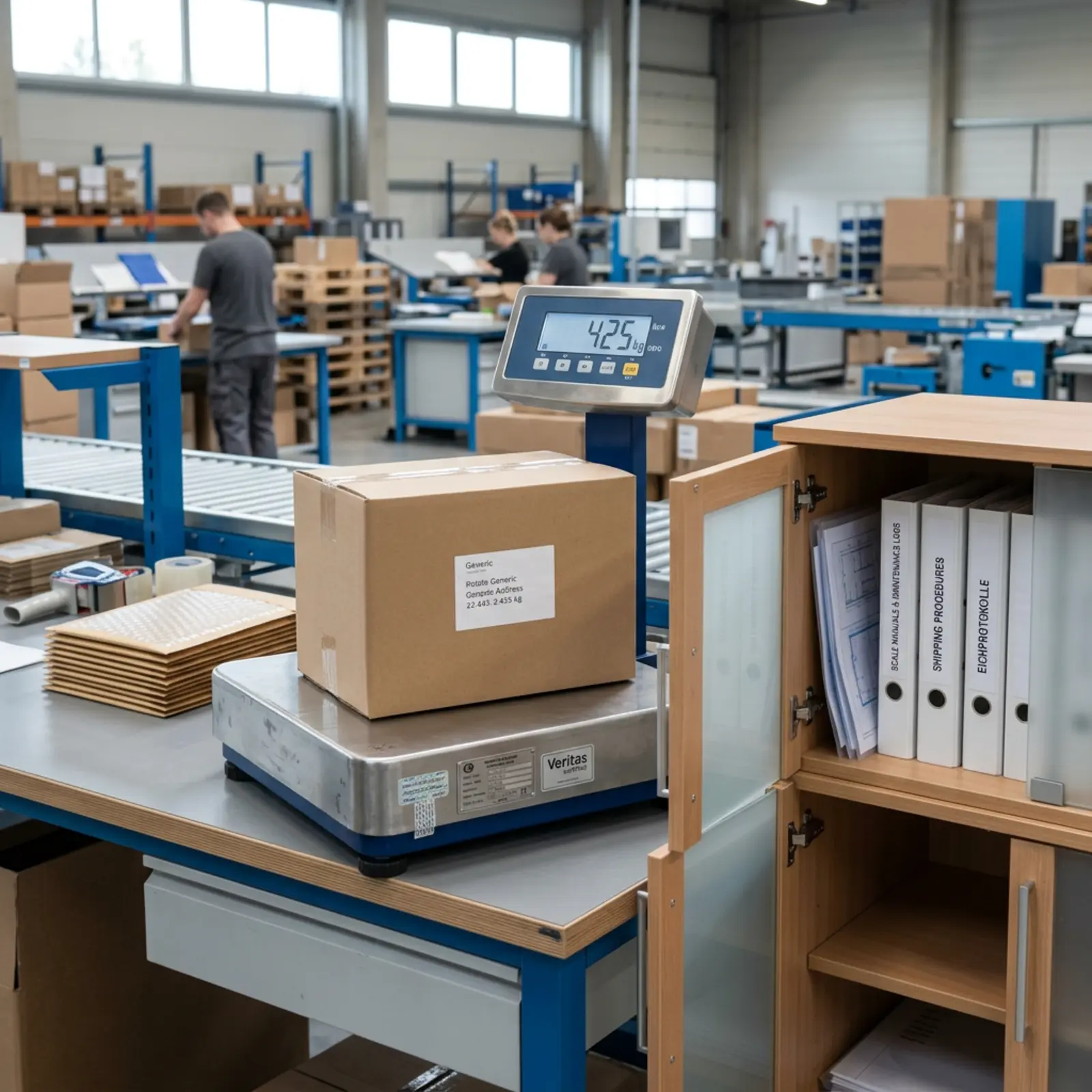 Une balance à colis propre sur une table d'emballage dans un environnement logistique moderne, lumière bleutée, rayonnages en arrière-plan